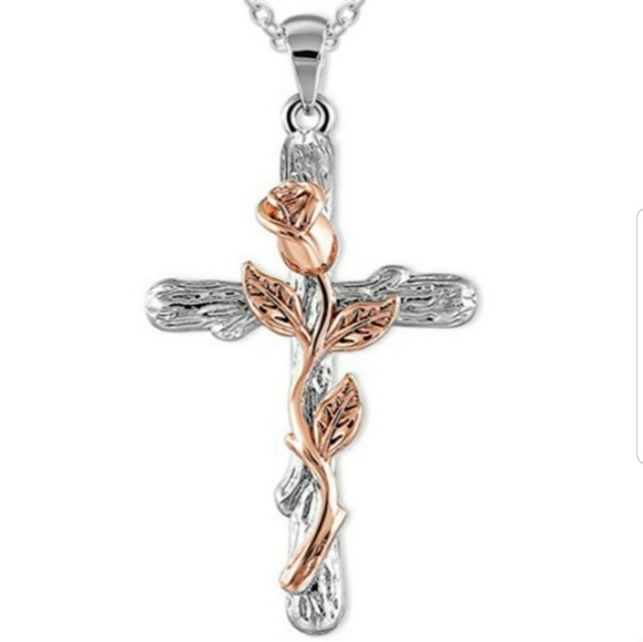Sterling Silver Cross Necklace with Rose - Picture 2 of 3